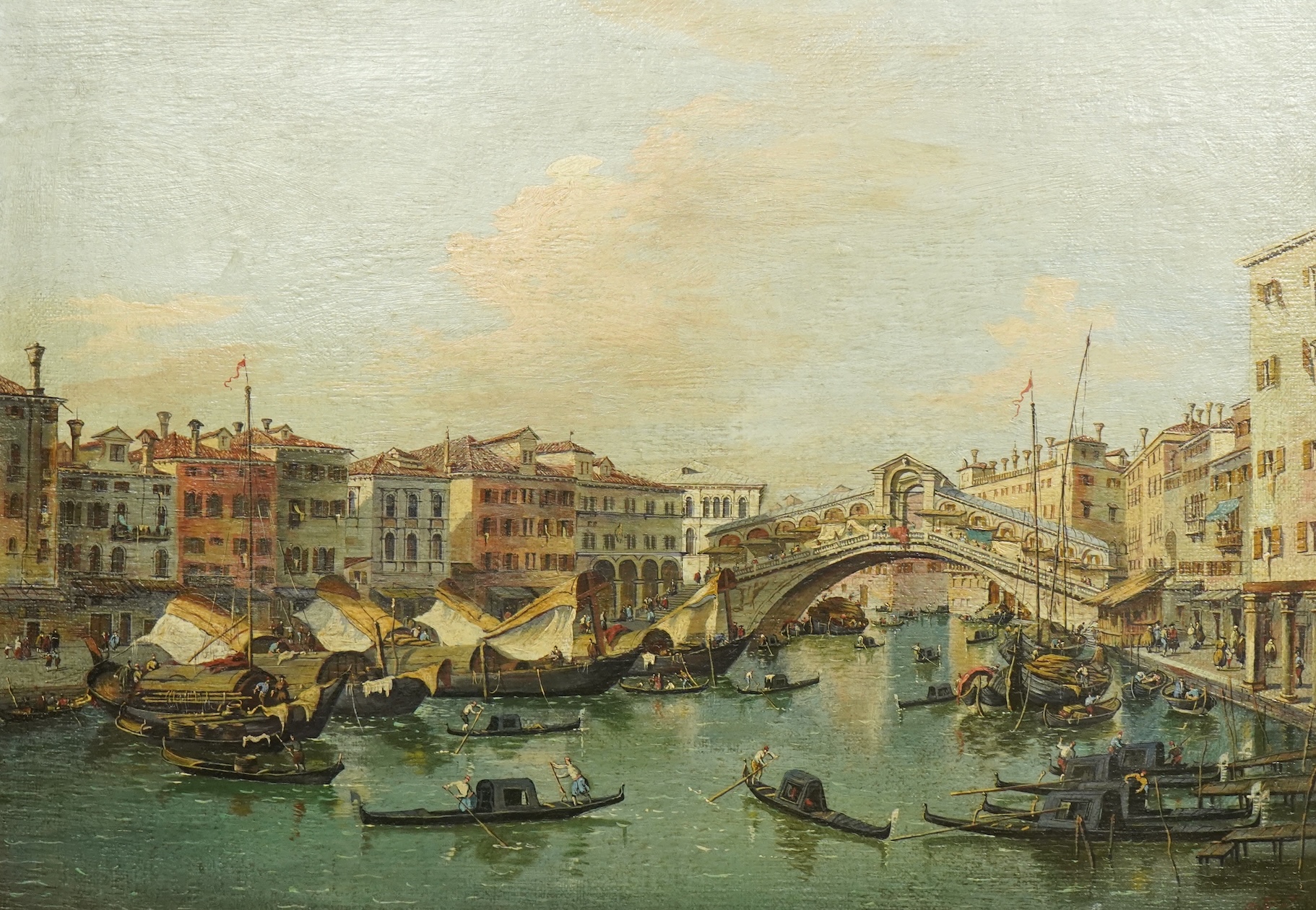 After Francesco Guardi (Italian, 1712-1793), The Rialto Bridge, Venice, oil on canvas, 49 x 69cm